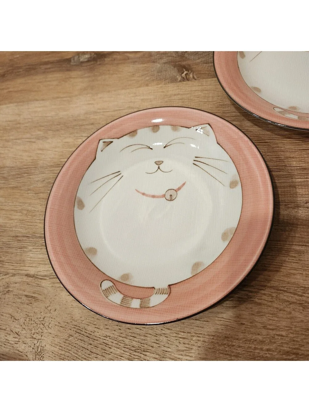Sousaku Maneki Neko Lucky Cat Pink Rice Deep Plate Set of 2, 7-3/4